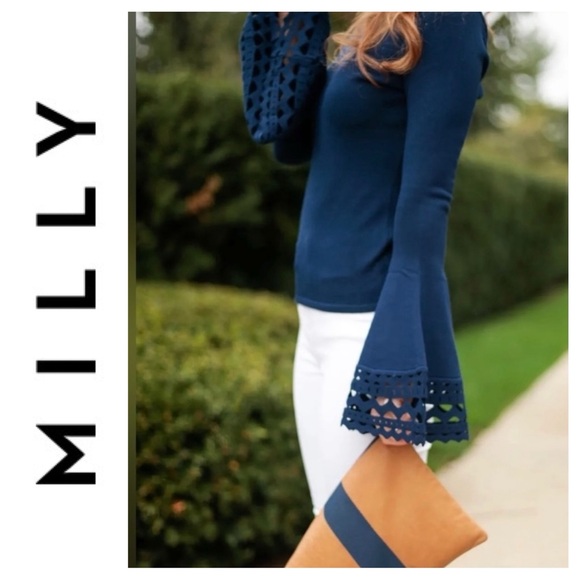 💵Milly Cutout Bell Sleeve Navy Knit Sweater Size P - Picture 3 of 13